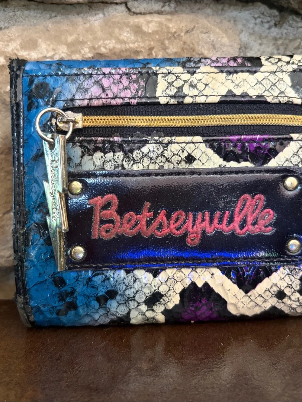 Betsey Johnson Betseyville Blue Purple Cream Snake-Print Wallet